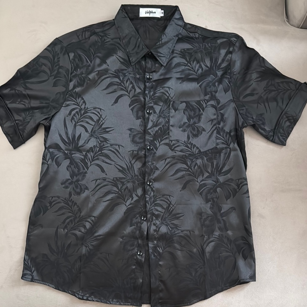 Black Casual Button Down Shirt with Subtle Floral Print